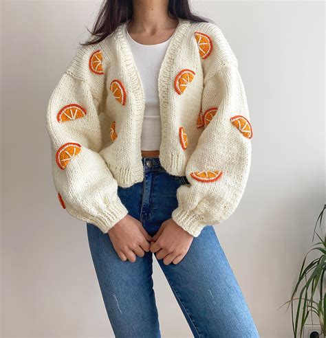 Hand Knit Chunky Orange Cardigan,soft Fruity Women Sweater,handmade ...