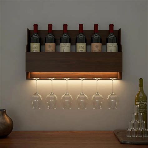 Spacious Backlit MDF Bar Wall Shelf / Mini Bar Cabinet in Walnut Finis ...