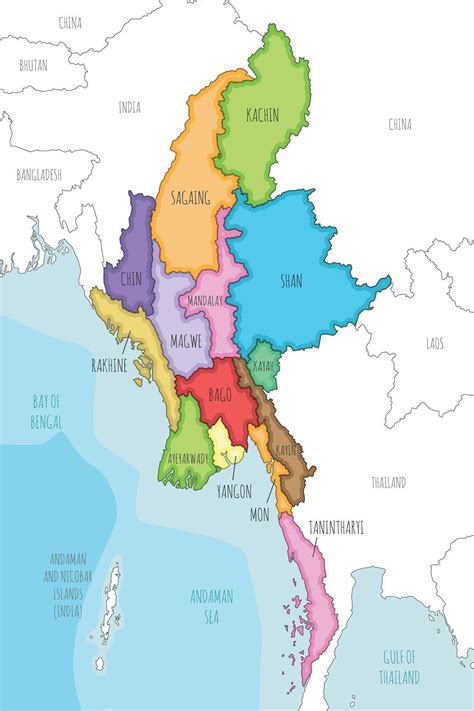 illustrated map of Myanmar with regions, states and administrative divisions, and neighbouring ...