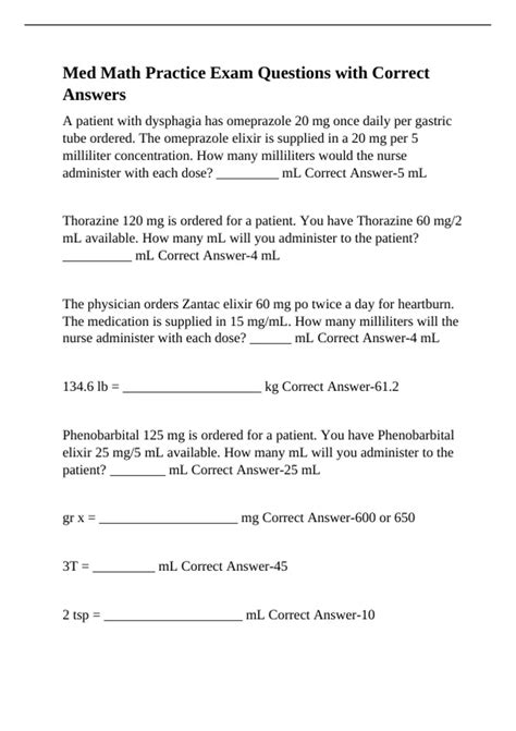 Med Math Practice Exam Questions with Correct Answers - MED MATH ...
