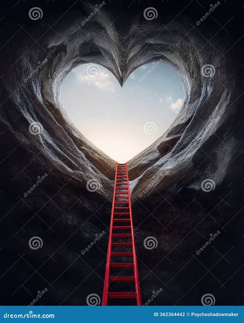 Exit From A Dark Cave In Shape Of An Arrow Pointing Direction Up And A Red Ladder Leading To ...