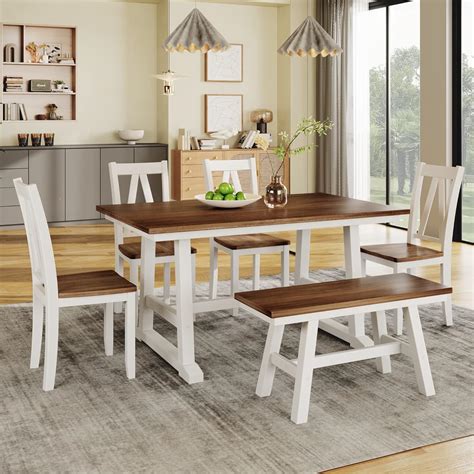 Amazon.com - Merax 6 Pieces Dining Table Set with Bench, Wooden ...
