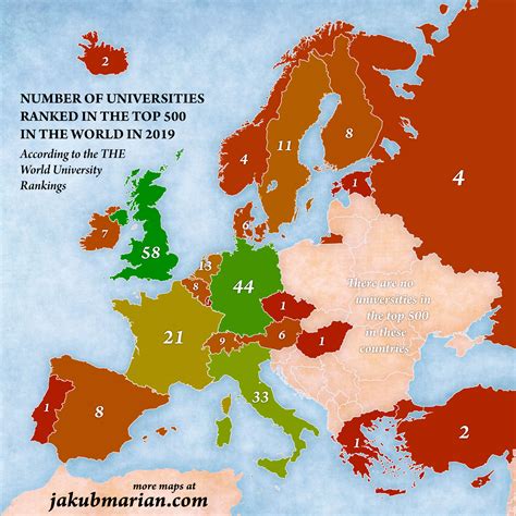 Number of top-ranked universities by country in Europe