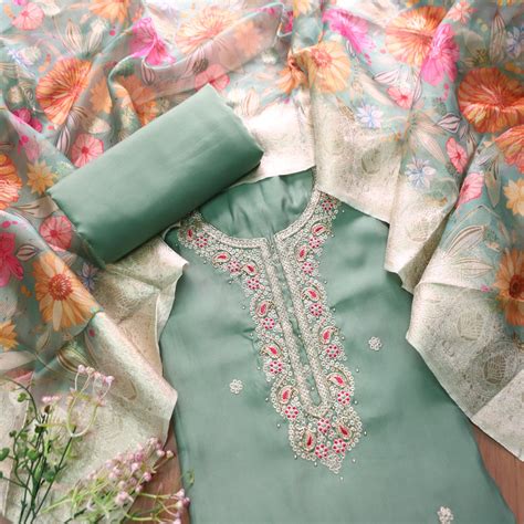 Parvani Ligth Fern Green Embellished Neck with Moti Work Modal Suit Se ...