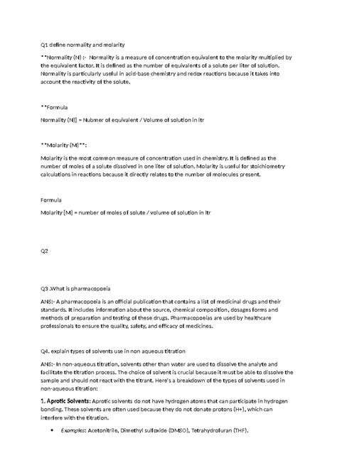 Analysis PDF - notes - Q1 define normality and molarity **Normality (N ...