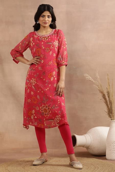 Pink Printed Calf Length Festive Women Regular Fit Kurtas - Selling ...