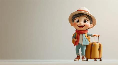 Cute traveller character with luggage and happy facial expression ...