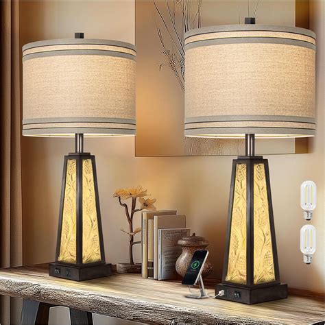 28" Rustic Table Lamp Set of 2 with Night Light, Farmhouse Bedside ...