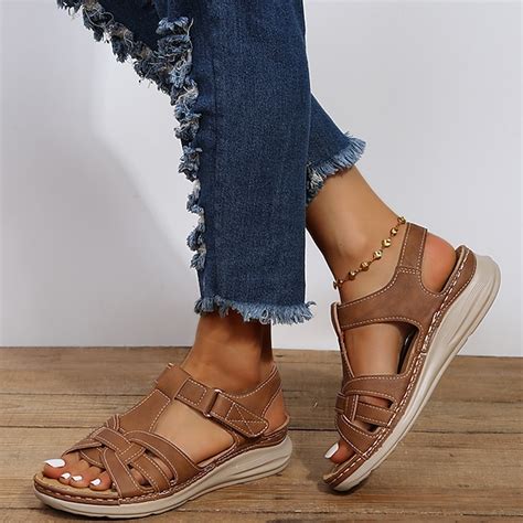 Women's Brown Faux Leather Strap Sandals – Comfortable Open-Toe Casual ...