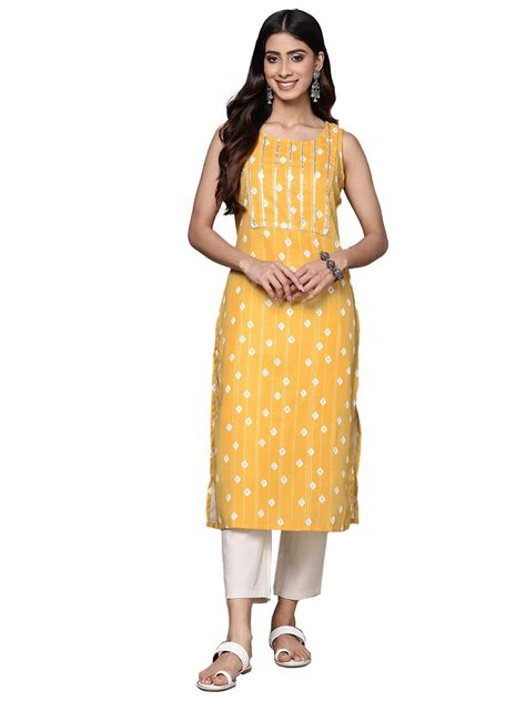Buy ishin Women's Silk Ethnic Motifs Mustard Straight Kurta at Amazon.in