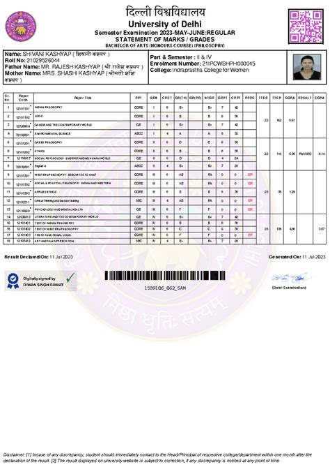 BA (Hons) Philosophy Semester IV Marks Statement 21029526044 - Studocu