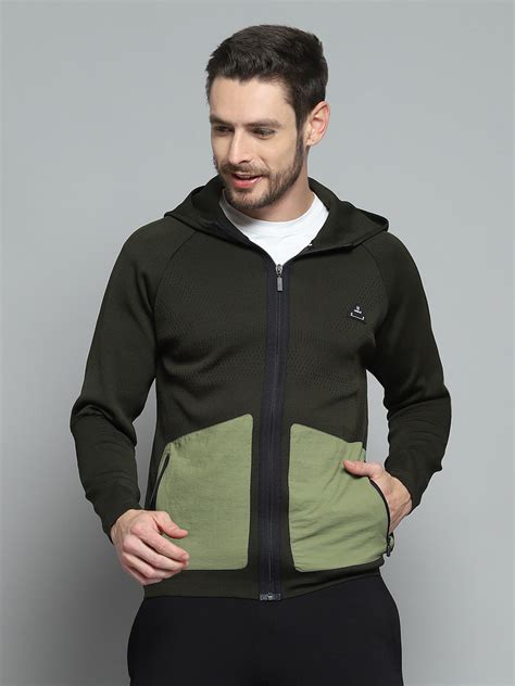 Buy Men Olive Self Design Hooded Full Sleeve Pullover Online in India ...