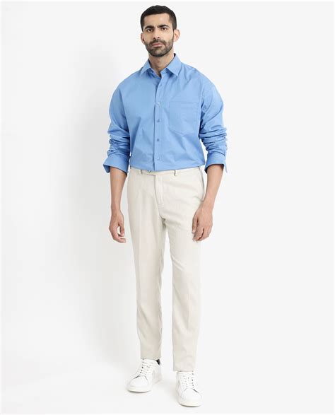 Rare Rabbit Men's Crofty Light Blue Cotton Plain Boxy Fit Full Sleeve