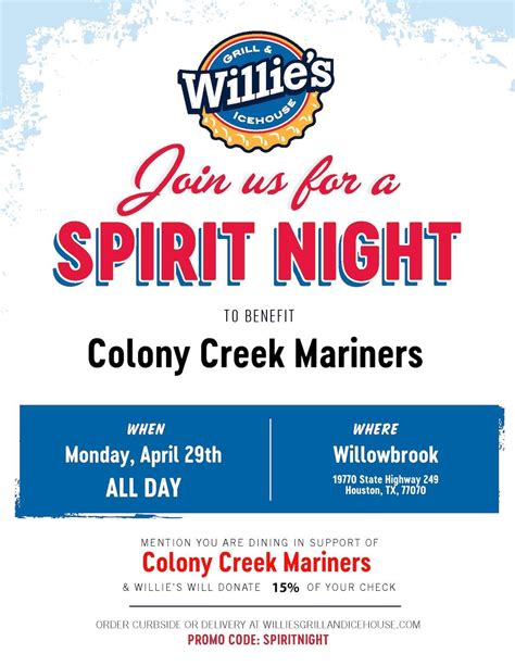 Spirit Night: Willies Icehouse , Willie's Grill & Icehouse (249 ...