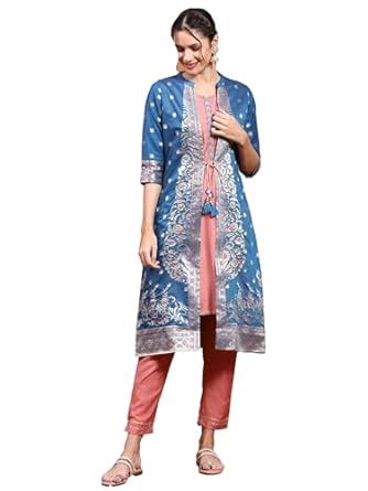Buy Shree Women Chanderi Blue Woven Kurta Jacket Trouser(10694_Onion ...