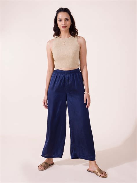 Women Solid Navy Mid Rise Shiny Palazzos