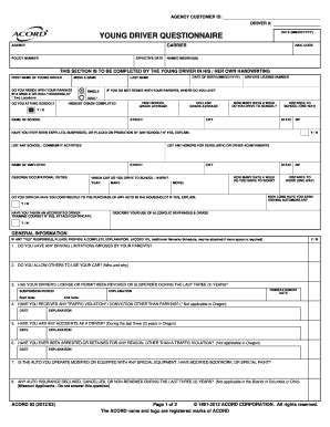 Fillable Online YOUNG DRIVER QUESTIONNAIRE - Excel Insurance Services ...