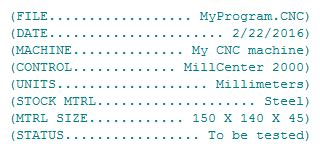 Image result for CNC Program Header