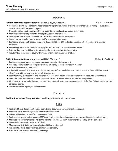 Patient Accounts Representative Resume Samples | Velvet Jobs