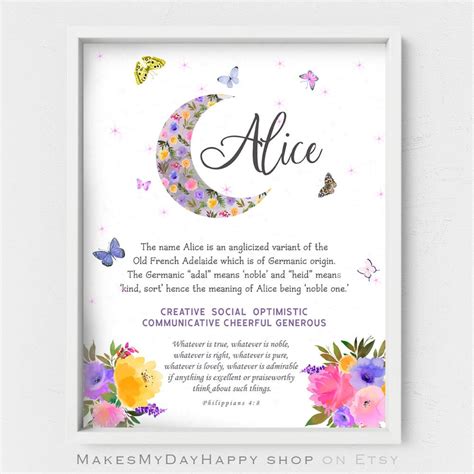 Alice Name Meaning,purple Floral Moon,butterflies Poster,first Name ...
