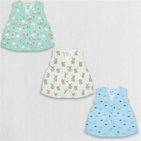 1st Step 100% Soft Muslin Cotton Snap Button Baby Frock - Pack Of 3