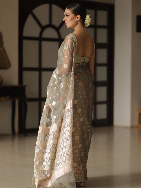 Banarasee Kora Muslin Saree With Zari Jamdani Weaving-Grey