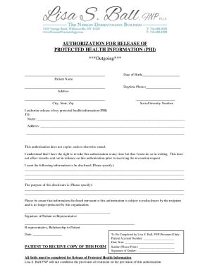 Fillable Online I authorize release of my protected health information ...
