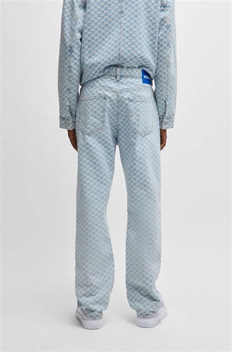 HUGO - Baggy-fit jeans in checkerboard denim - Light Blue