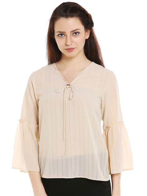 Get Self-Design Flounce Sleeves Beige Top at ₹ 420 | LBB Shop