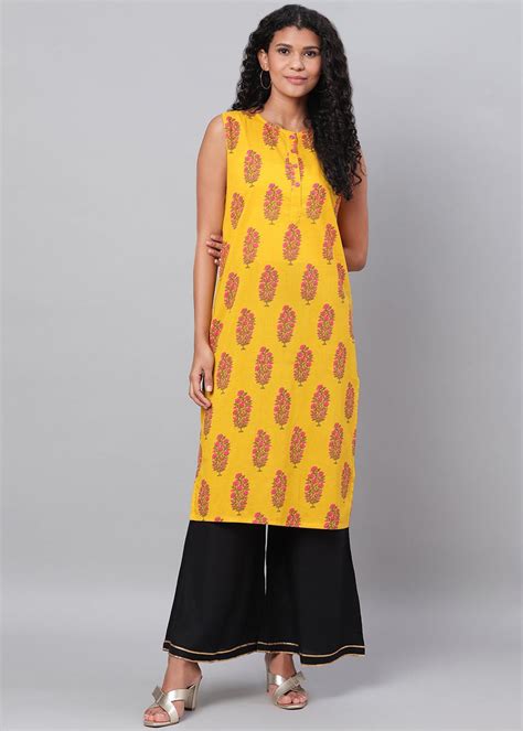 Get Yellow Block Printed Kurta With A-Line Shrug at ₹ 716 | LBB Shop