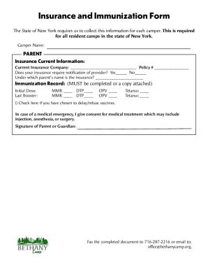 Fillable Online Insurance and Immunization Form Fax Email Print - pdfFiller
