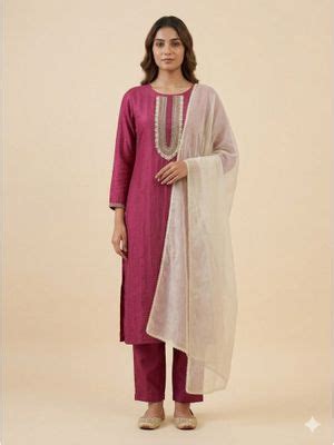 Buy Bcz Style Women Silk Wine Embroidered Kurta with Pant and Dupatta ...
