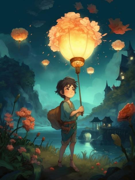 Süßer Junge im Dschungel, der eine generative Anime-KI mit Laterne ...