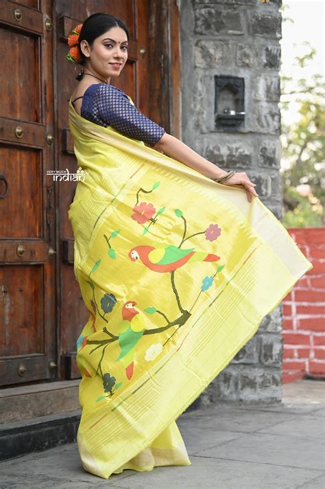 Buy Raaga~ Traditional Handloom Pure Cotton Fresh Yellow Paithani with ...