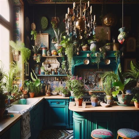 Eclectic Vibrant Deep Jewel-Toned Kitchen with Potted Plants