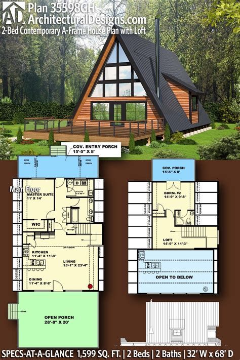 Plan 35598GH: 2-Bed Contemporary A-Frame House Plan with Loft | House ...