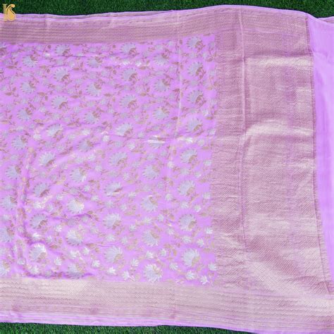 Plum Purple Pure Georgette Handloom Banarasi Jaal Lotus Saree – Khinkhwab