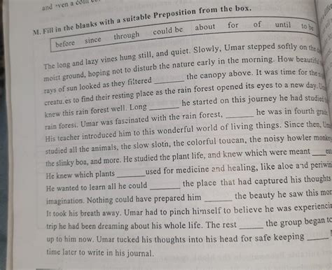 M. Fill in the blanks with a suitable Preposition from the box. before ...