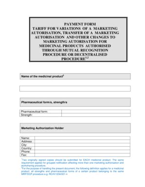 Fillable Online PAYMENT FORM TARIFF FOR VARIATIONS OF A MARKETING ...
