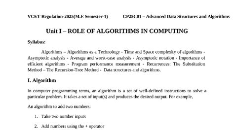 Unit I – ROLE OF Algorithms IN Computing - VCET CP25C01 Advanced Data ...