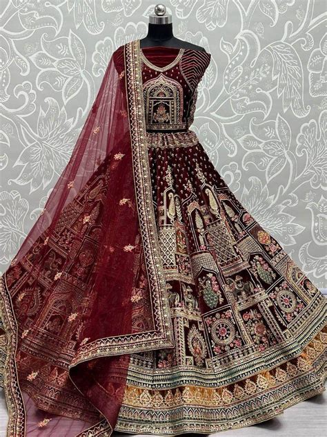 Buy Maroon Zari Embroidery Velvet Bridal Lehenga Choli From Ethnic Plus