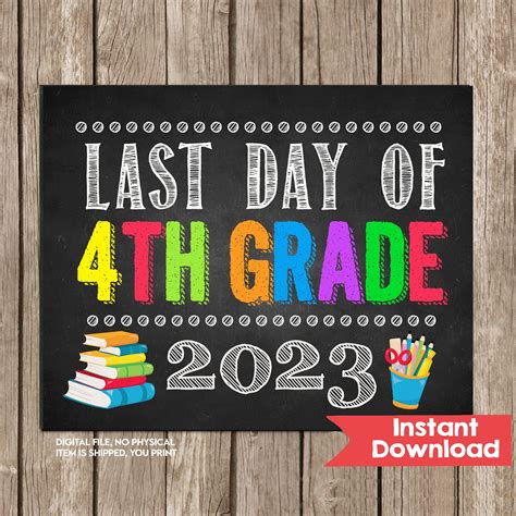 Last Day of 4TH GRADE Sign INSTANT DOWNLOAD Photo Prop, Last Day of Fourth Grade Sign Last Day ...