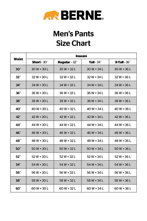 Men's Pant Size Chart – Berne Canada