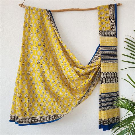 VAIBHAVI -Pure Cotton Bagru Yellow With Cream Motif Saree – Sanskruti