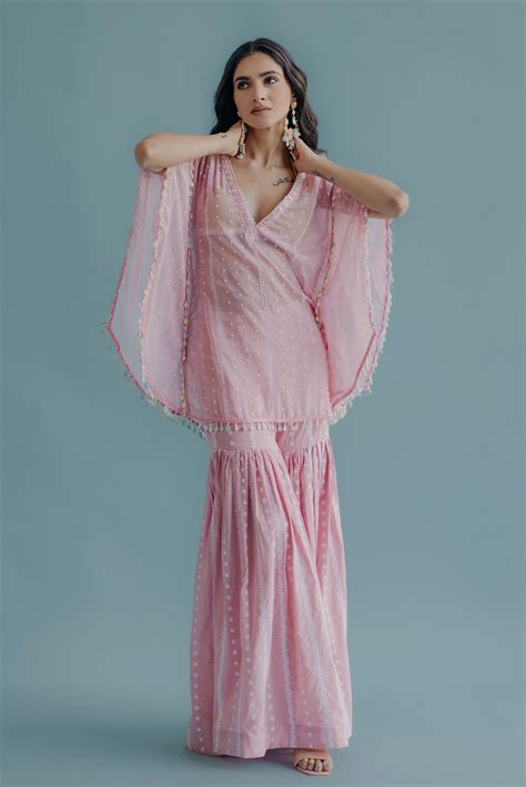 Laila Pink & Yellow Embroidered Cotton Kaftan, Blouse and Sharara Set