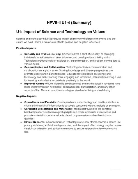 HPVE-2 Complete Summary - HPVE-II U1-4 (Summary) U1: Impact of Science ...