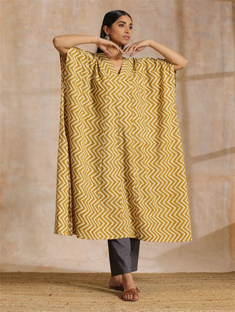 Mustard Dabu Zig-Zag Lines Print Cotton Panel Kaftan Kurta Pant Set ...