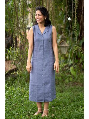 Buy Creatures of Habit Linen Notch Collar Dress Wildflower Blue Online