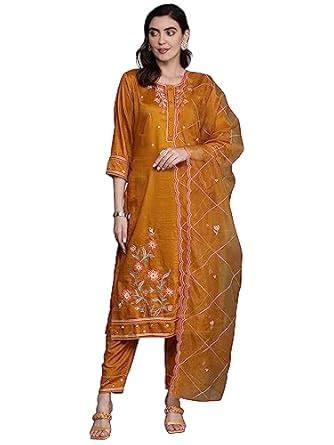 Buy INDO ERA Mustard Straight Embroidered Kurta with Pant & Dupatta Set ...