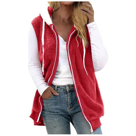 FAIWAD Womens Vests Sleeveless Fleece Jacket Solid Color Zip Hoodie ...